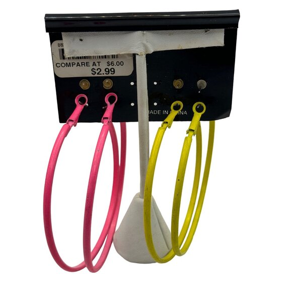 Bright Neon Yellow & Pink Hoop and Stud Earrings Set - Picture 2 of 4